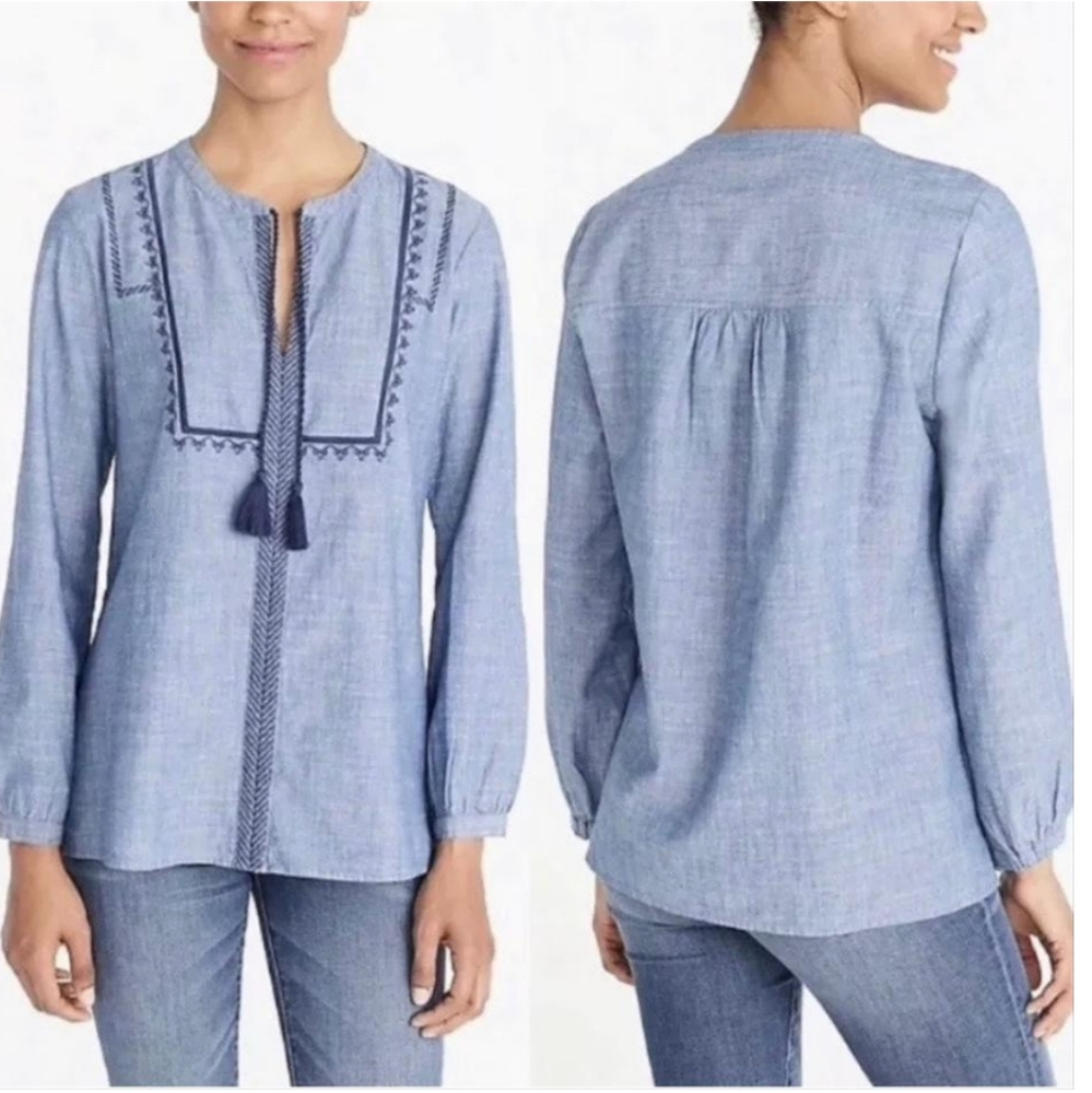 NWT J. Crew Mercantile J6507 Embroidered Tassel Peasant Boho Tunic Top | Size XS